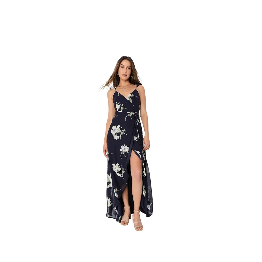 Lulus All Mine Navy Blue Floral Print High Low‎ Full Wrap Maxi Dress Sz L